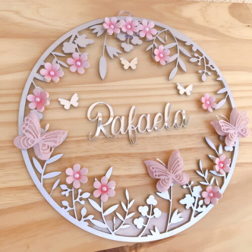 Porta Maternidade Borboletas Acrílico e Espelho Prata