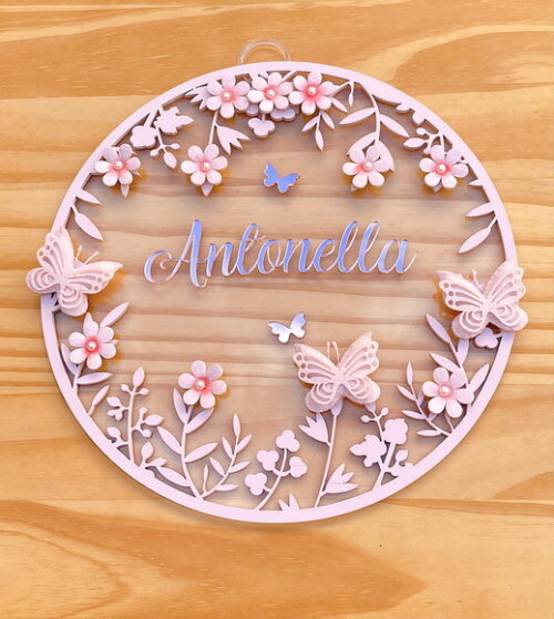Porta Maternidade Borboletas Floral Acrílico e Espelho