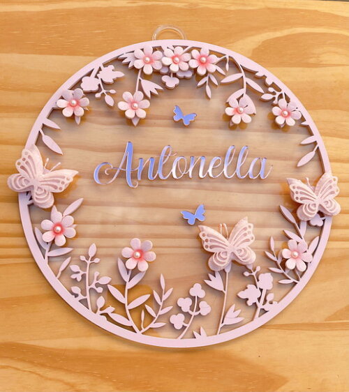 Porta Maternidade Borboletas Floral Acrílico e Espelho