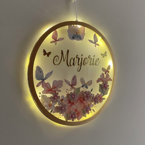Porta Maternidade Borboletas Led Acrílico e Espelho