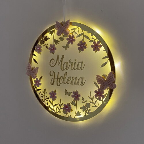 Porta Maternidade Borboletas Nome e Moldura Espelho Led