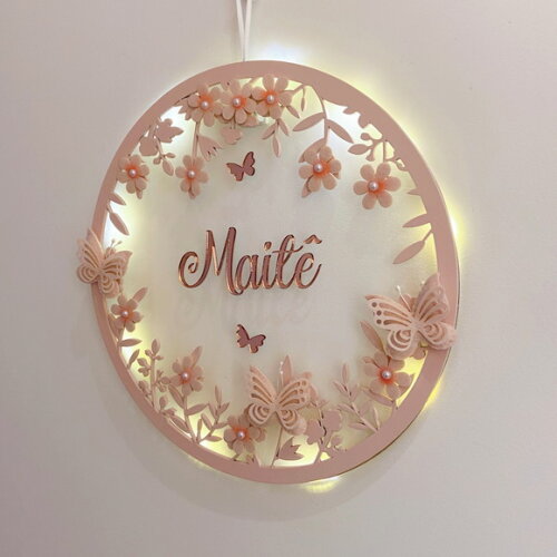 Porta Maternidade Borboletas Rosa Led Acrílico e Espelho