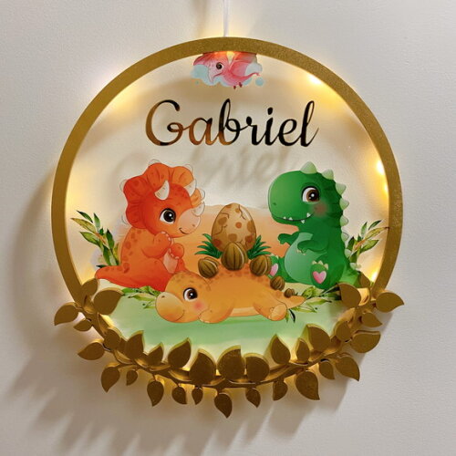 Porta Maternidade Dinossauro Acrílico e Espelho Led