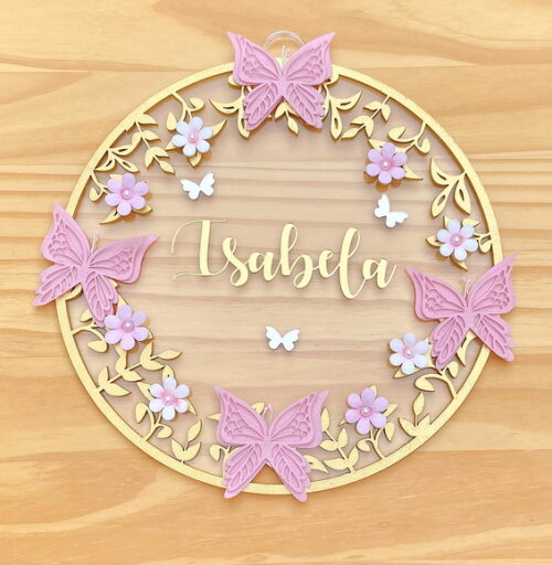 Porta Maternidade Floral Borboletas Acrílico e Espelho