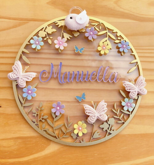 Porta Maternidade Floral Passarinho Acrílico e Espelho