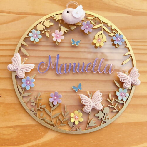 Porta Maternidade Floral Passarinho Acrílico e Espelho