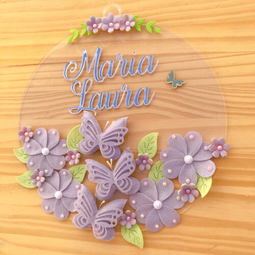 Porta Maternidade Jardim Lilás Acrílico e Espelho