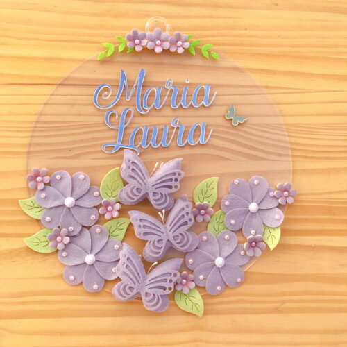 Porta Maternidade Jardim Lilás Acrílico e Espelho