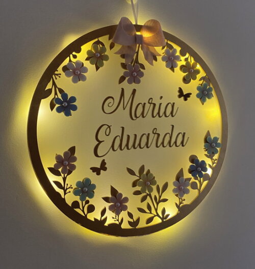 Porta Maternidade Laço Led Acrílico e Espelho