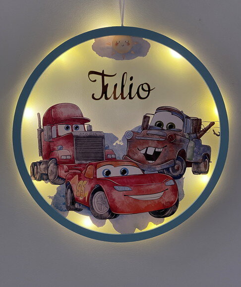 Porta Maternidade Led Carros Acrílico e Espelho