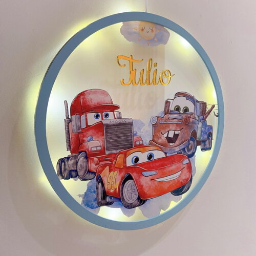 Porta Maternidade Led Carros Acrílico e Espelho