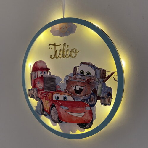 Porta Maternidade Led Carros Acrílico e Espelho