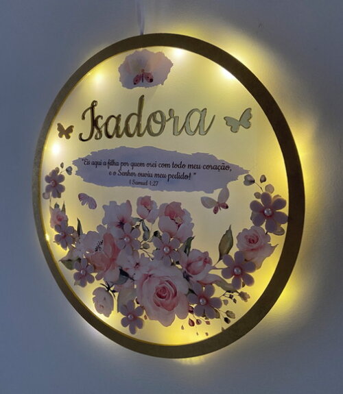 Porta Maternidade Led Floral Versículo Acrílico e Espelho