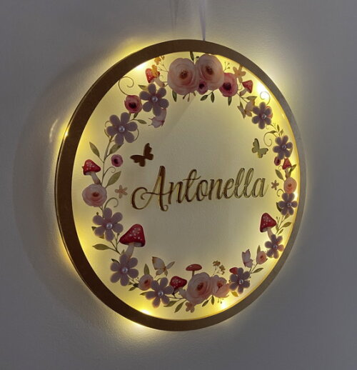 Porta Maternidade Led Floresta Floral Acrílico e Espelho