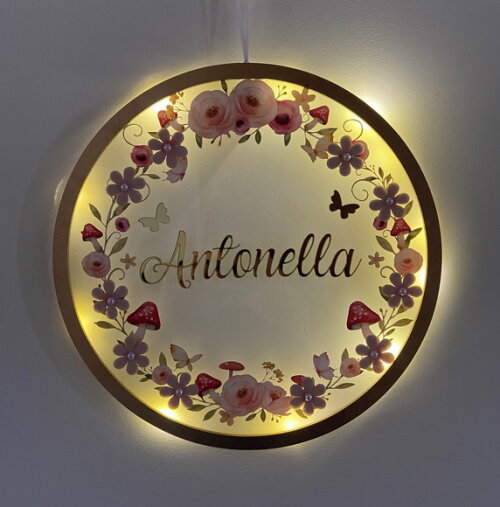 Porta Maternidade Led Floresta Floral Acrílico e Espelho