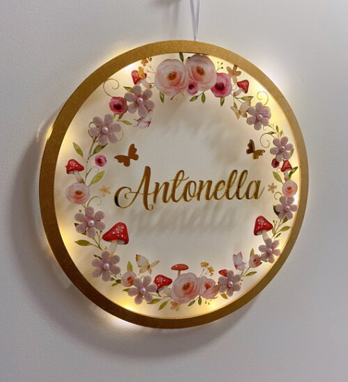Porta Maternidade Led Floresta Floral Acrílico e Espelho