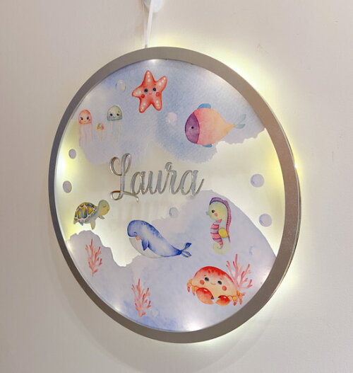 Porta Maternidade Led Fundo do Mar Acrílico e Espelho