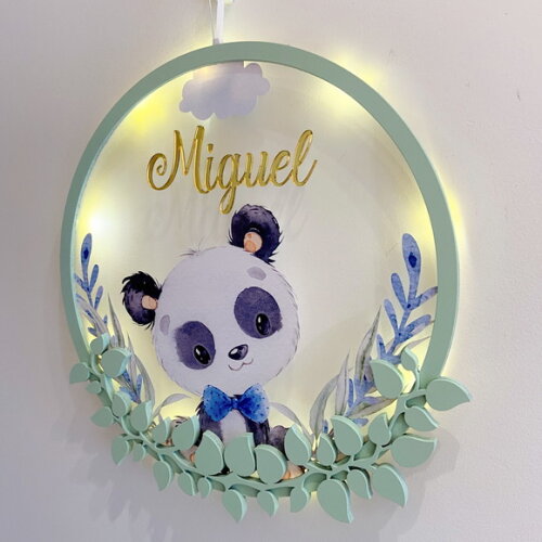 Porta Maternidade Led Panda Acrílico e Espelho