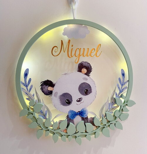 Porta Maternidade Led Panda Acrílico e Espelho