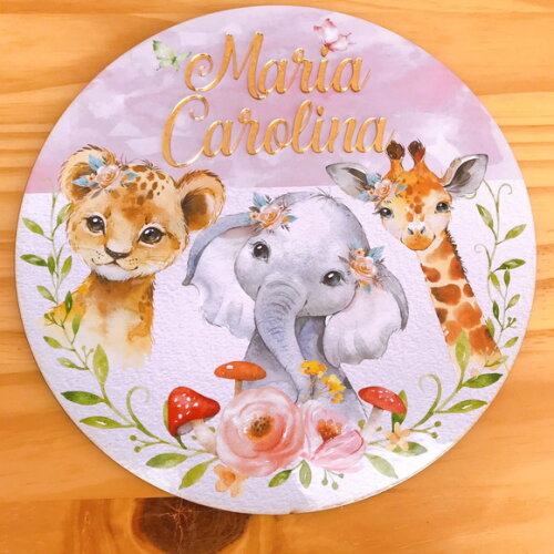 Porta Maternidade Menina Safari mdf Nome Espelho
