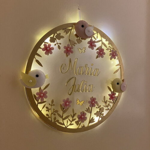 Porta Maternidade Pássaros Led Acrílico e Espelho