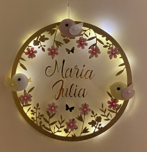 Porta Maternidade Pássaros Led Acrílico e Espelho