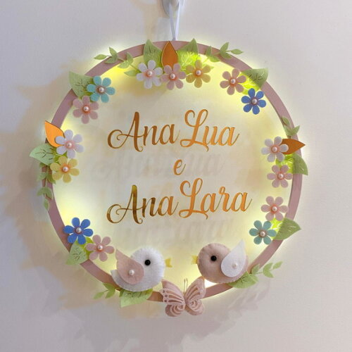 Porta Maternidade Pássaros Led Acrílico e Espelho Dourado