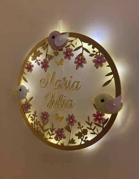 Porta Maternidade Pássaros Led Acrílico e Espelho