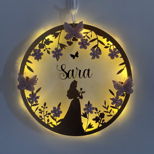 Porta Maternidade Princesa Aurora Led Acrílico e Espelho