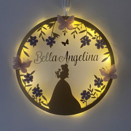 Porta Maternidade Princesa Bela Led Acrílico e Espelho