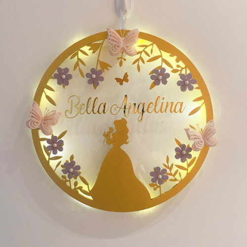 Porta Maternidade Princesa Bela Led Acrílico e Espelho