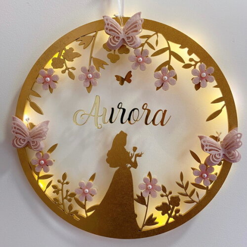Porta Maternidade Princesa Led Acrílico e Espelho