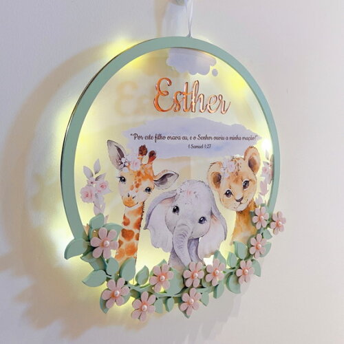 Porta Maternidade Safari Menina Acrílico e Espelho Led