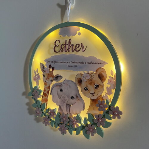 Porta Maternidade Safari Menina Acrílico e Espelho Led