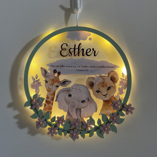 Porta Maternidade Safari Menina Acrílico e Espelho Led
