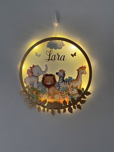 Porta Maternidade Safari Menina Acrílico e Espelho Led