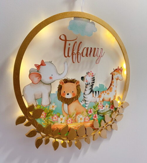 Porta Maternidade Safari Menina Acrílico e Espelho Led