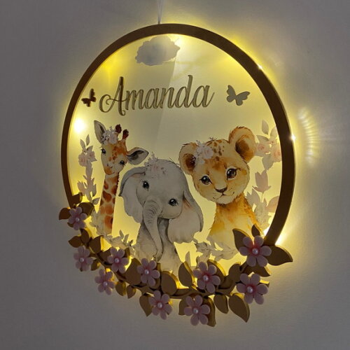 Porta Maternidade Safari Menina Acrílico e Led