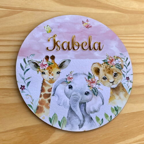 Porta Maternidade Safari Menina MDF Nome Espelho