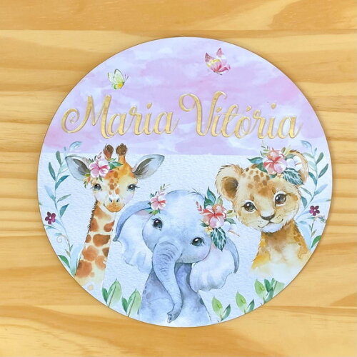 Porta Maternidade Safari Menina MDF Nome Espelho
