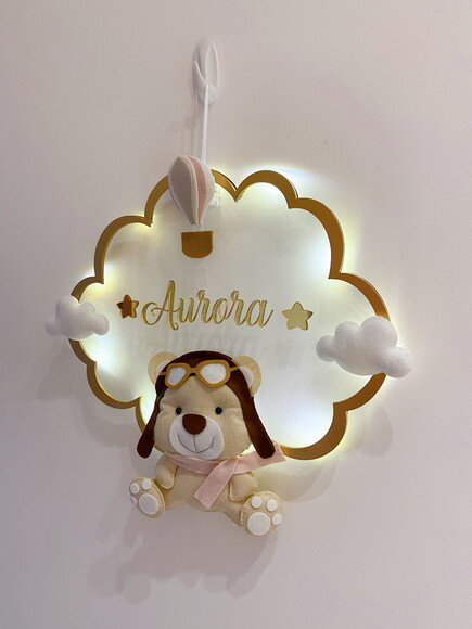 Porta Maternidade Ursinha Aviadora Led Acrílico e Espelho