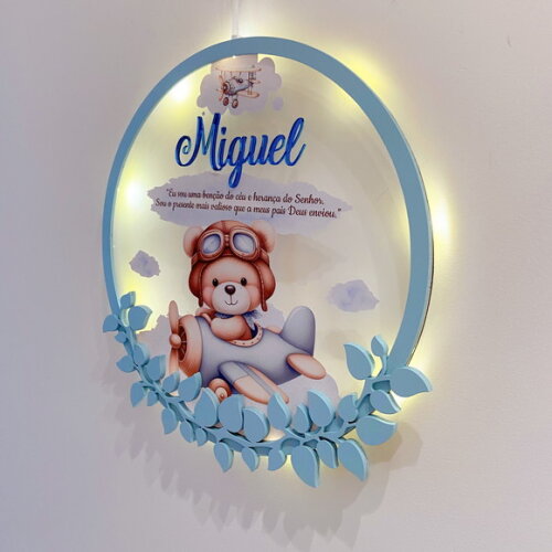 Porta Maternidade Ursinho Aviador Acrílico e Espelho Led