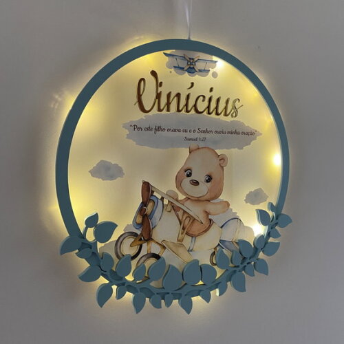 Porta Maternidade Ursinho Aviador Acrílico e Espelho Led