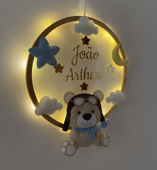 Porta Maternidade Ursinho Aviador Led Acrílico e Espelho