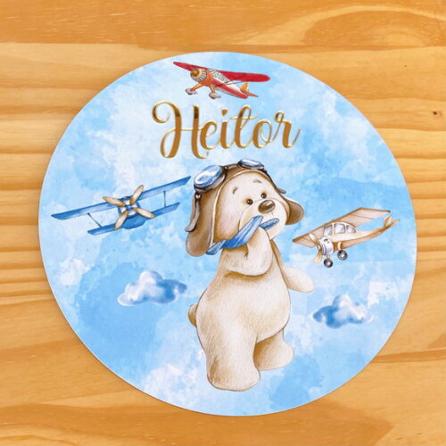 Porta Maternidade Ursinho Aviador MDF Nome Espelho
