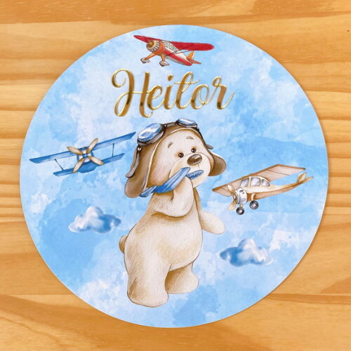 Porta Maternidade Ursinho Aviador MDF Nome Espelho
