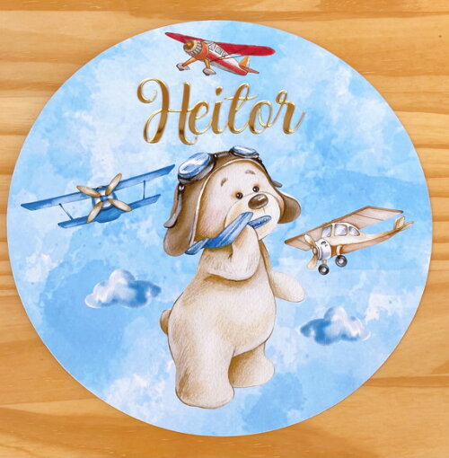 Porta Maternidade Ursinho Aviador MDF Nome Espelho