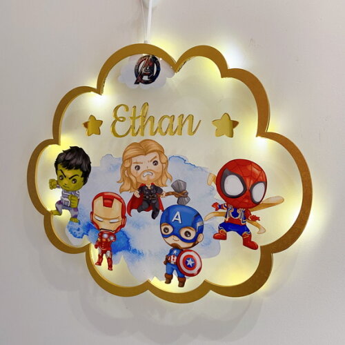 Porta Maternidade Vingadores Led Acrílico e Espelho