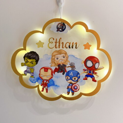 Porta Maternidade Vingadores Led Acrílico e Espelho