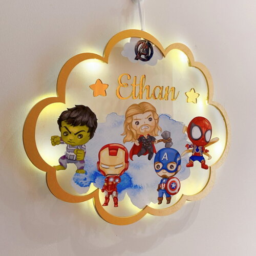 Porta Maternidade Vingadores Led Acrílico e Espelho